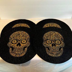 x4 Tahari Beaded Gold Sugar Skull Skelton Halloween Placemats Charger Gothic NWT